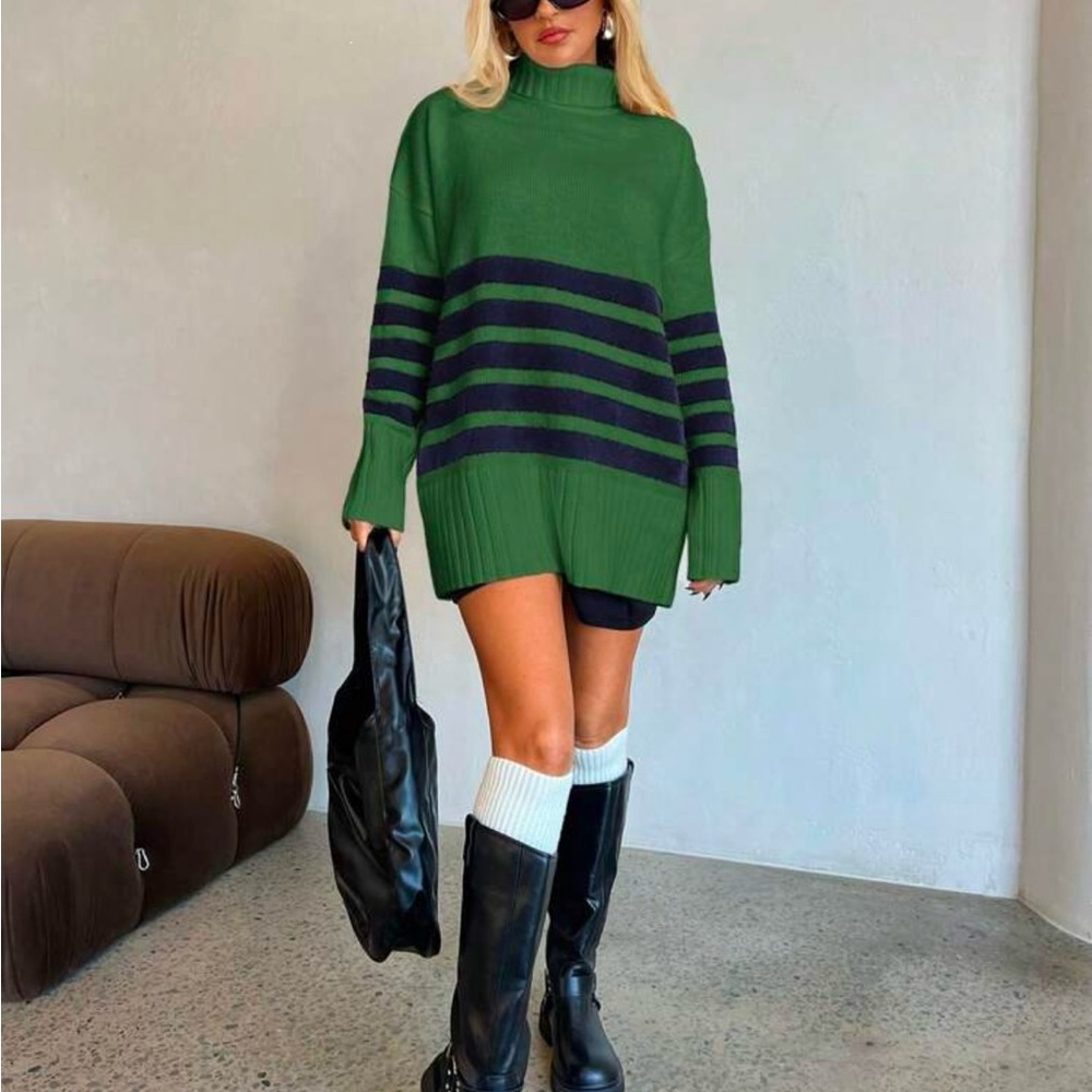 Green and Black Striped Women's Sweater